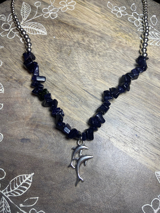 Blue Goldstone Silver Beaded Necklace with Dolphin Charm