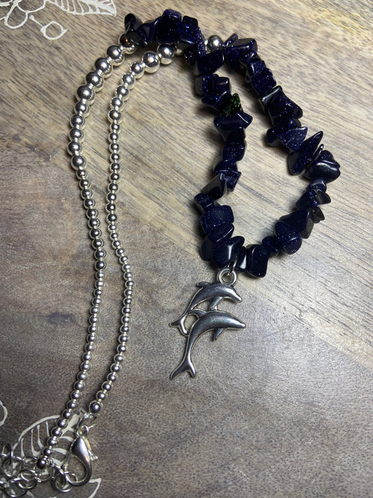 Blue Goldstone Silver Beaded Necklace with Dolphin Charm