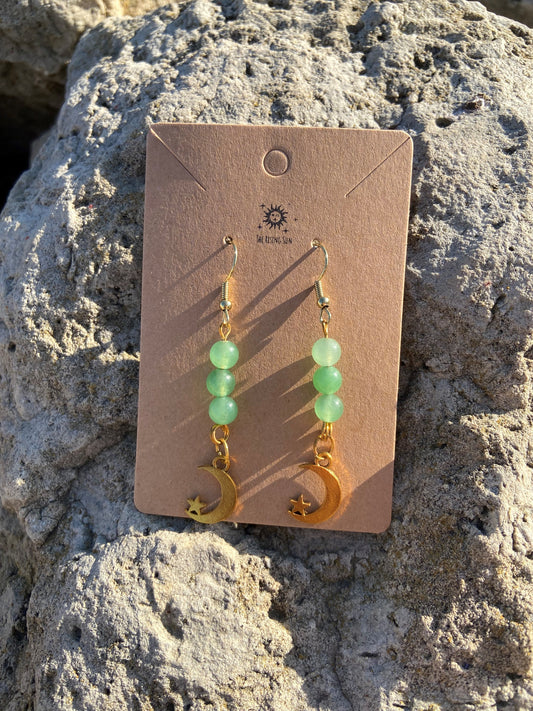 Green Aventurine Gold Moon and Star Earrings