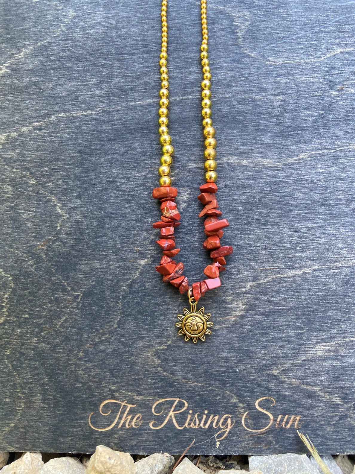 Red Jasper Gold Beaded Necklace with Sun Charm