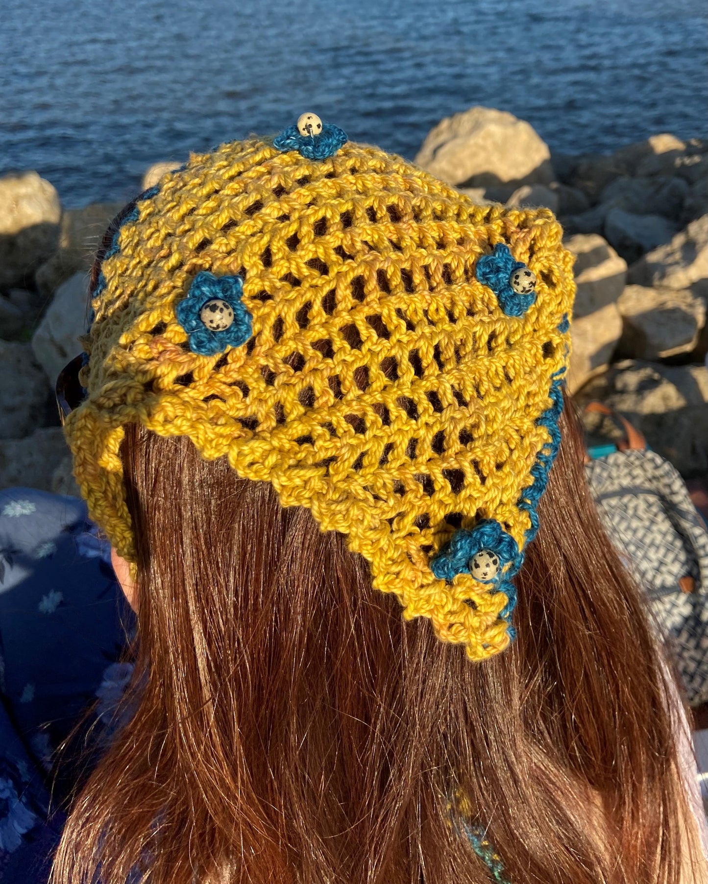 Yellow and Blue Head Scarf with Dalmatian Jasper