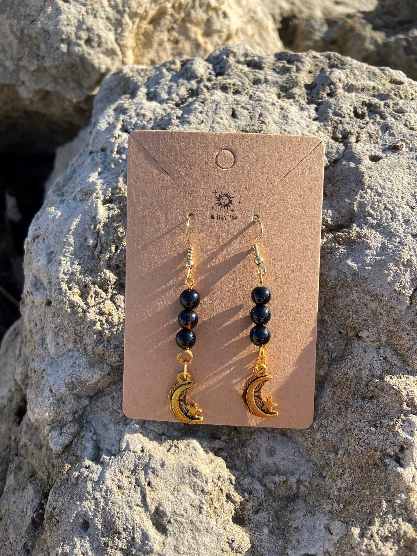 Black Obsidian Moon and Star Earrings