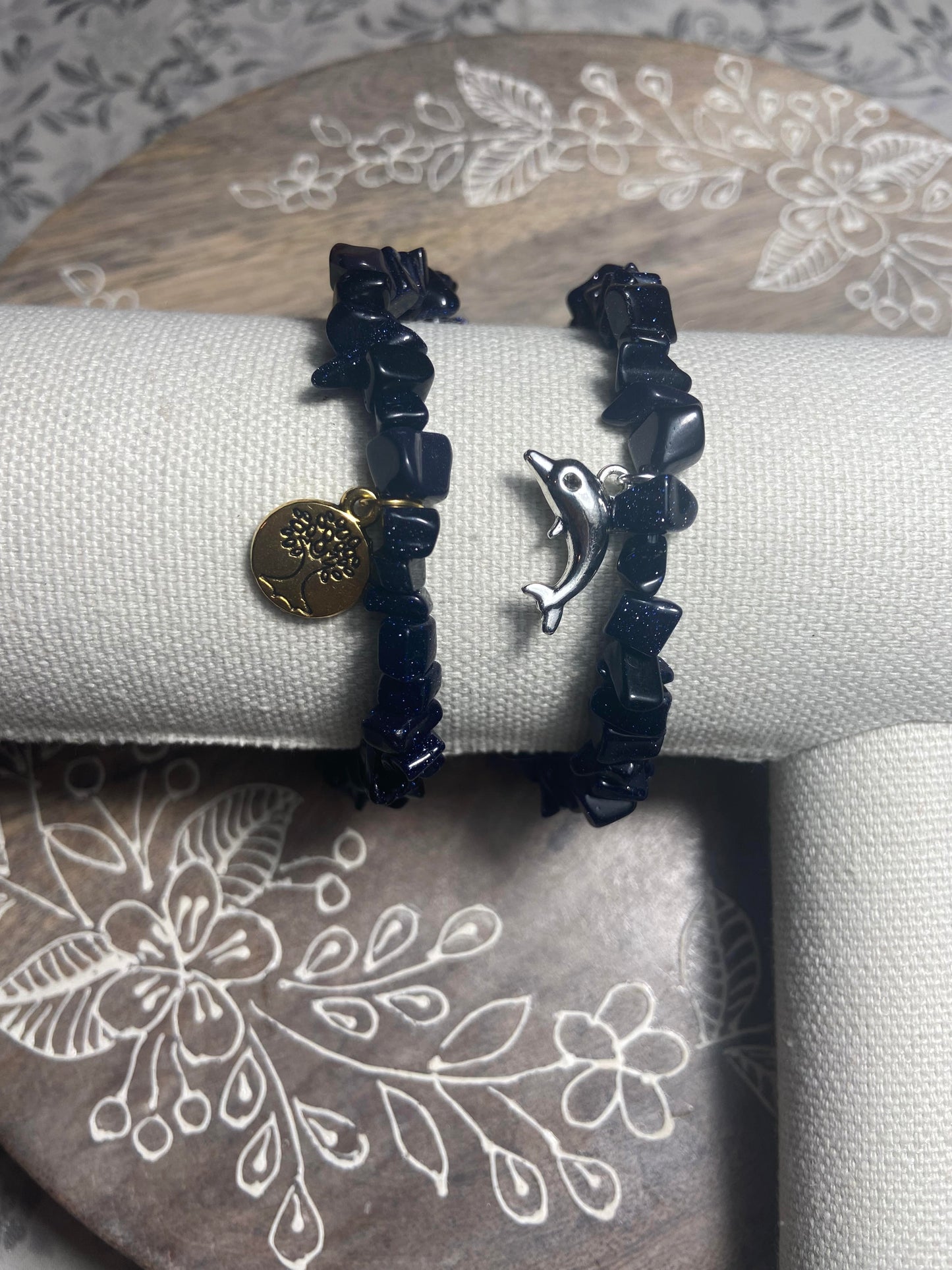 Blue Goldstone Charmed Crystal Chip Bracelets