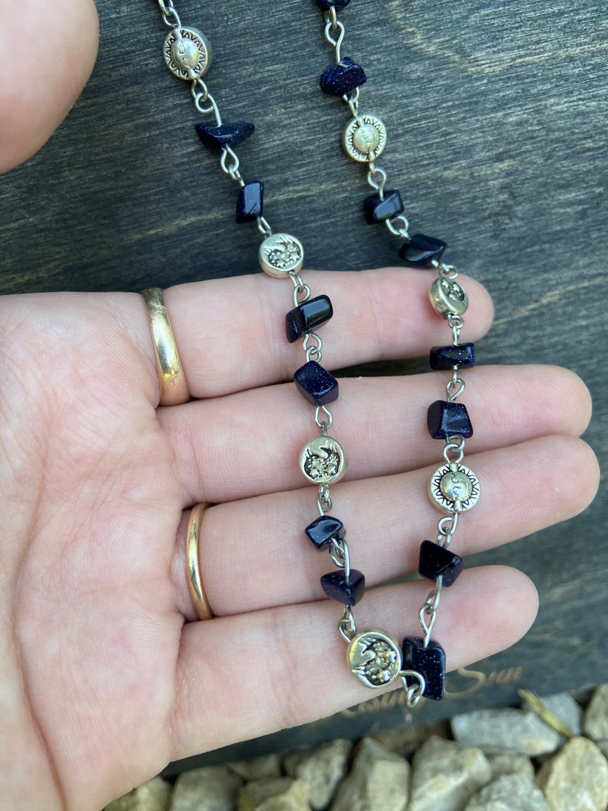 Blue Goldstone Sun and Moon Necklace