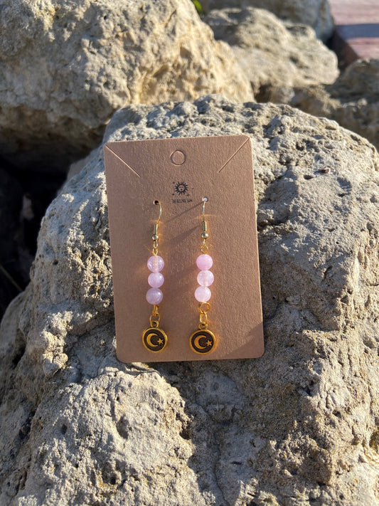 Kunzite Gold Moon and Star Earrings