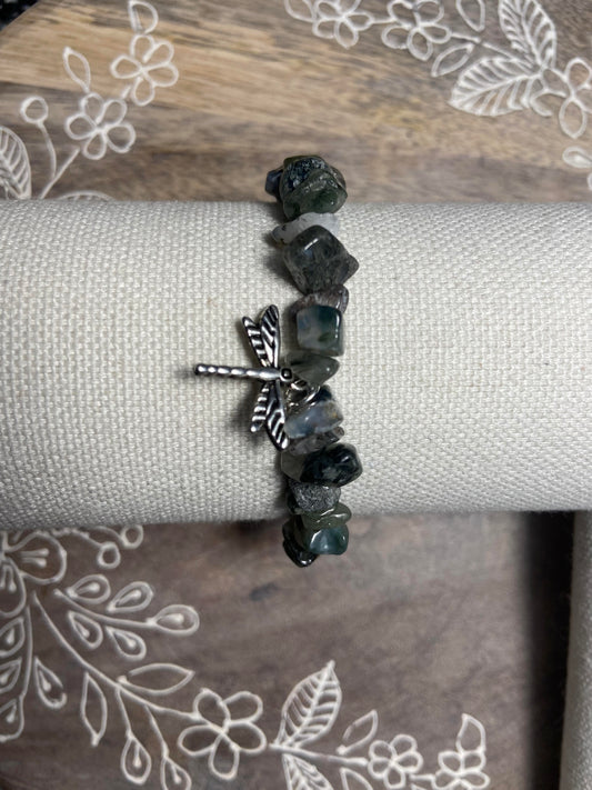 Moss Agate Dragonfly Charm Bracelet