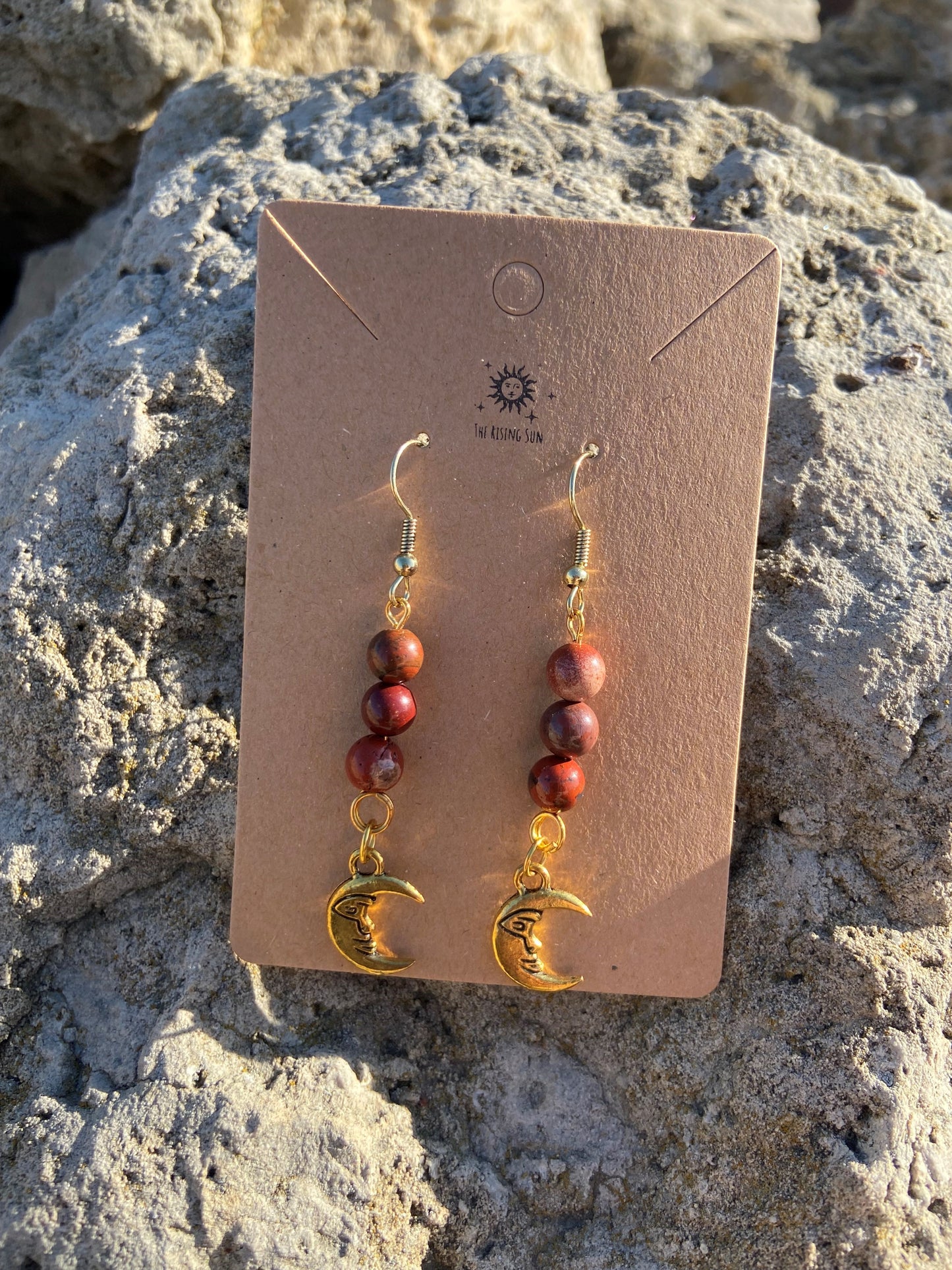 Red Jasper Gold Moon Earrings