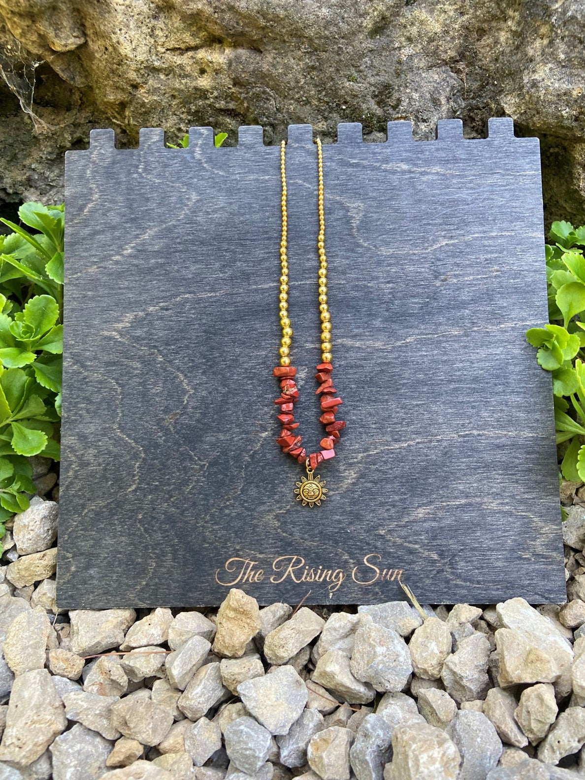 Red Jasper Gold Beaded Necklace with Sun Charm