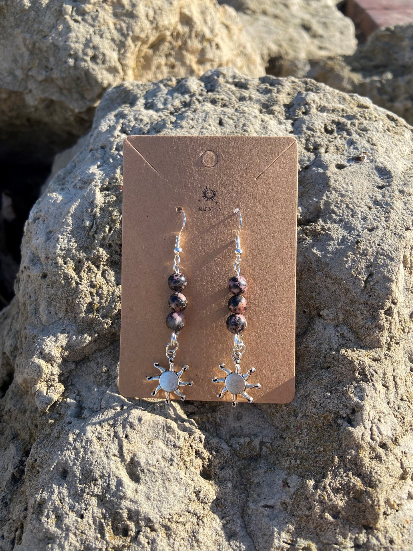 Rhodonite Silver Sun Earrings