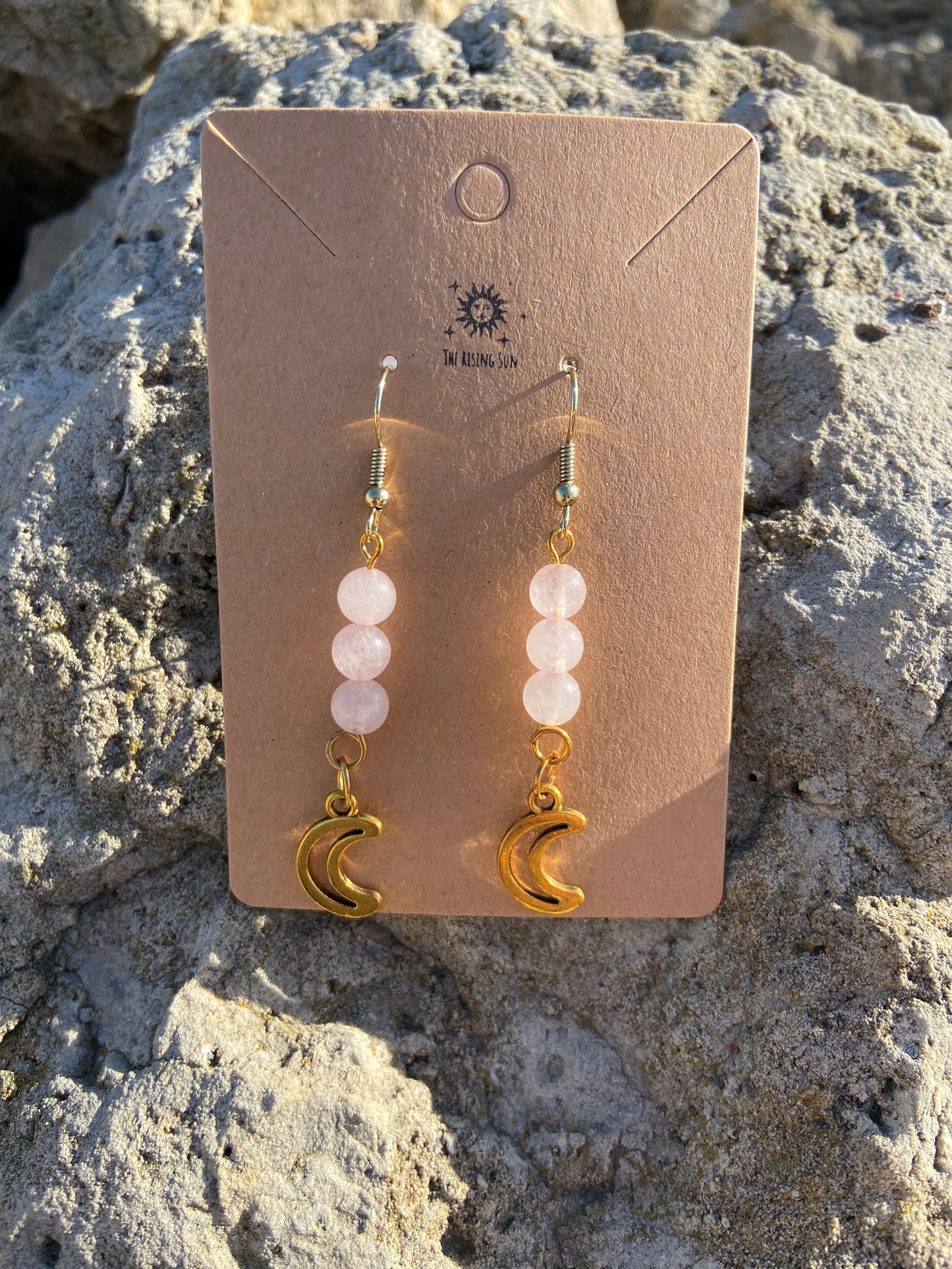 Rose Quartz Gold Moon Earrings