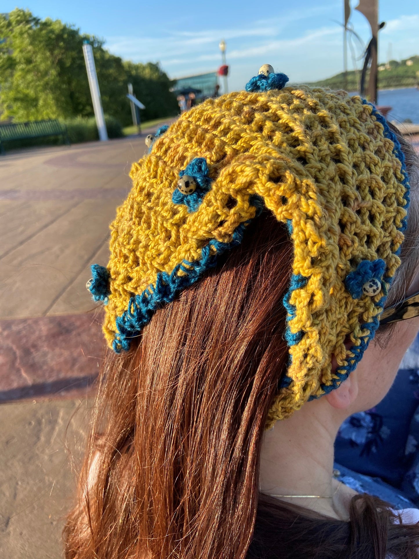 Yellow and Blue Head Scarf with Dalmatian Jasper